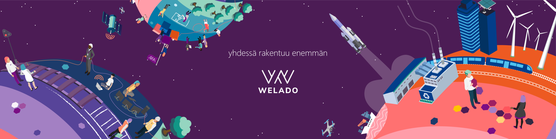Piirretty kuva 'Welado maailmasta', keskellä Weladon logo. Kuvastaa strategiaa