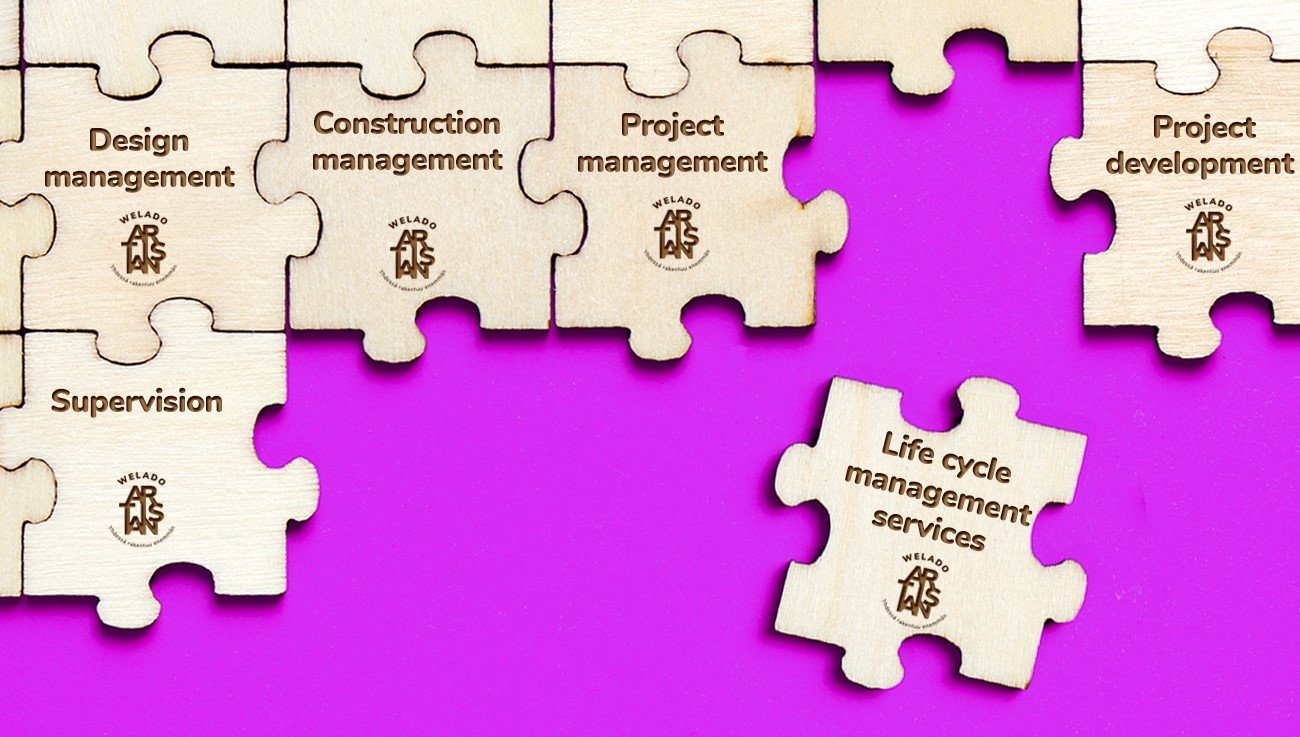 a puzzle of set of services we offer like life cycle management, project management, supervision
